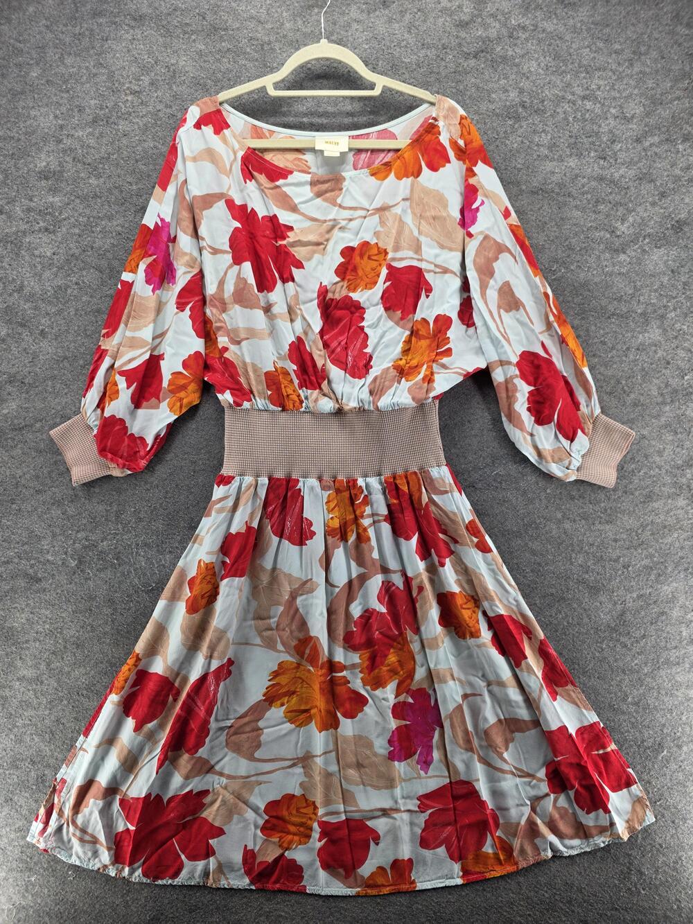 Maeve Anthropologie Womens M White Blouson Midi Boat Neck Floral Smocked